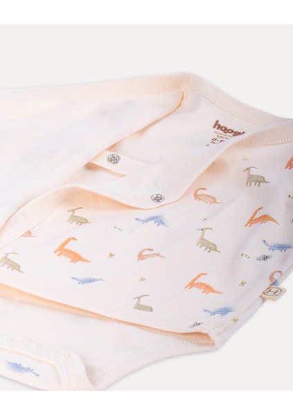%100 Organik Pamuk Gots Sertifikalı Kruvaze Dinozor Desenli Bebek & Yenidoğan Body - Ekru