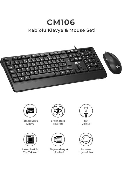 CM106 USB Kablolu, Qwerty Türkçe Dizilim Klavye, 1200DPI Optik Fare, Bilek Dinlendirme, Sağ ve Sol Elle Kullanılabilir, Evrensel Uyum, Türkçe Q Klavye & Mouse Set Siyah indirimleri