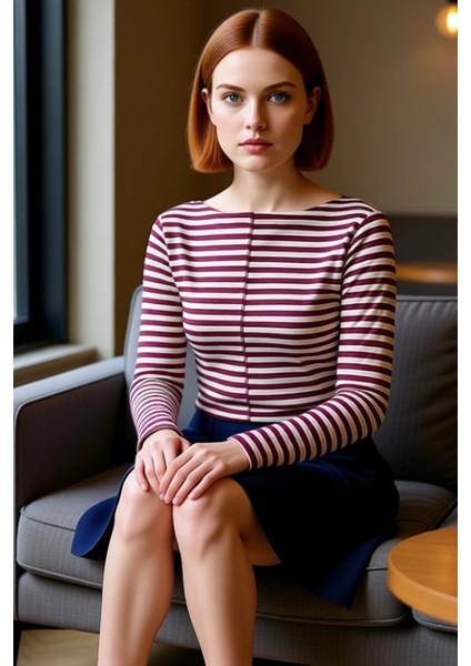 Kadın Vücuda Oturan Dik Yaka Uzun Kollu Çizgili Örme Crop Kaliteli Şık Rahat Modern Zarif fiyatları
