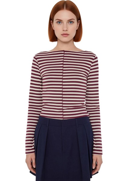 Kadın Vücuda Oturan Dik Yaka Uzun Kollu Çizgili Örme Crop Kaliteli Şık Rahat Modern Zarif modelleri