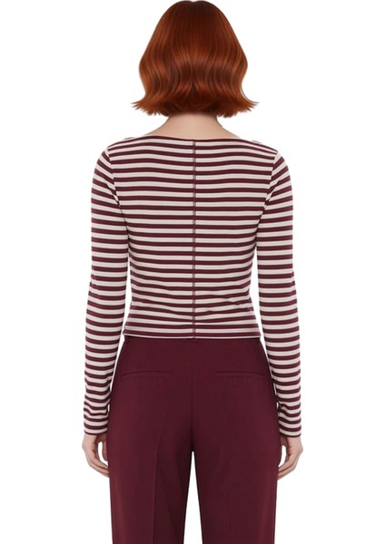Kadın Vücuda Oturan Dik Yaka Uzun Kollu Çizgili Örme Crop Kaliteli Şık Rahat Modern Zarif fırsatları