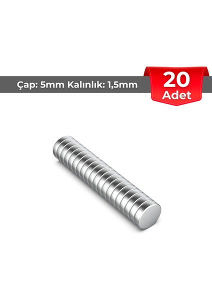 20 Adet Neodyum Mıknatıs Çap 5 mm Kalınlık 1,5 mm D5X1,5 mm