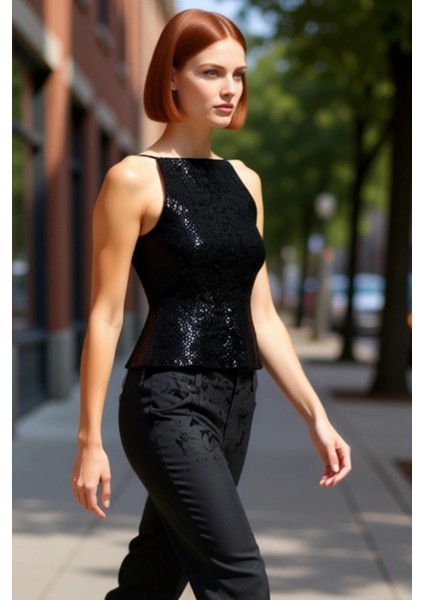 Şık Gece Bluzu Payetli Halter Yaka Kolsuz Örme Bluz Yaz Mevsimi Günlük Kullanım Için fırsatları