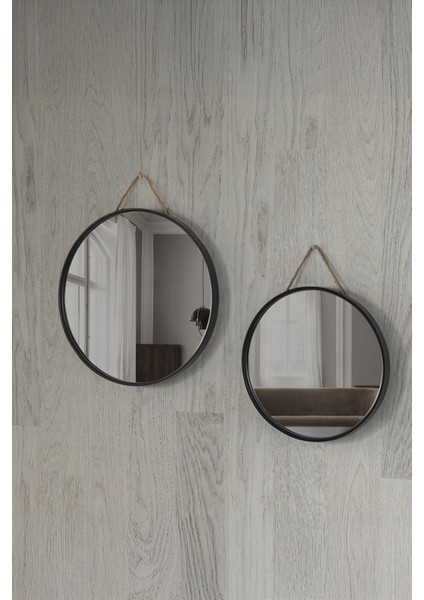 Mirora 2'li Yuvarlak Dekoratif Duvar Aynası | Boyalı Ahşap Çerçeveli | 60CM 48CM | Siyah