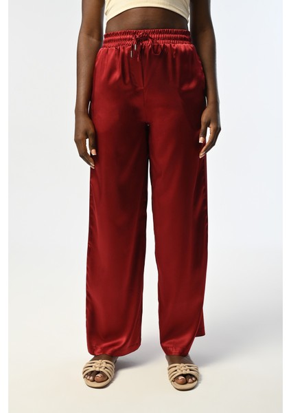 Kadın Beli Lastikli Bol Paça Bordo Renk Düz Saten Pantolon