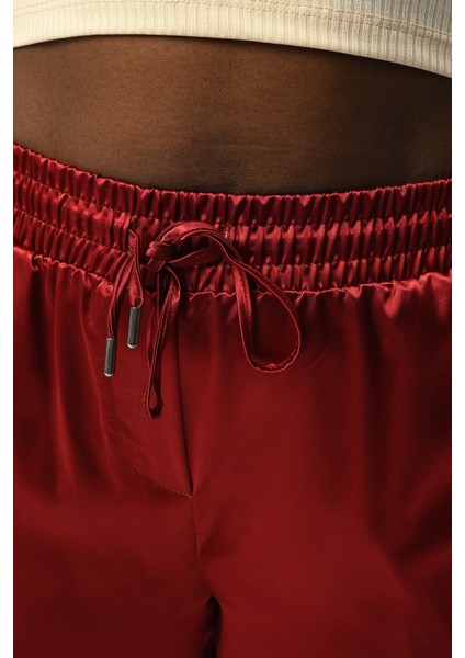 Kadın Beli Lastikli Bol Paça Bordo Renk Düz Saten Pantolon fiyatları