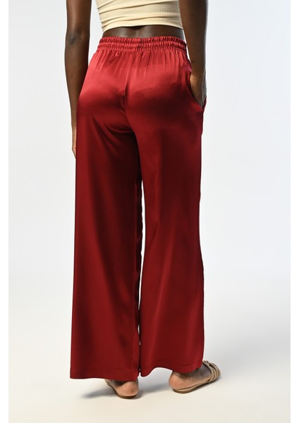 Kadın Beli Lastikli Bol Paça Bordo Renk Düz Saten Pantolon modelleri