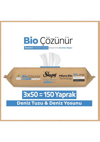 Bio Çözünür Yüzey Temizlik Havlusu - Mendili 3lü / Deniz Tuzu & Deniz Yosunu 3X50 (150 Yaprak)