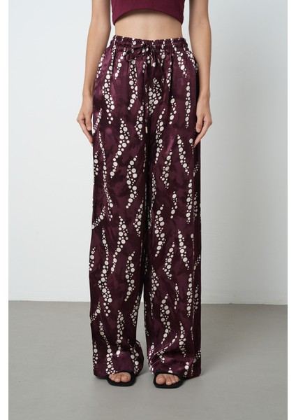 Kadın Bordo - Krem Renk Desenli Bol Paça Beli Lastikli Pantolon