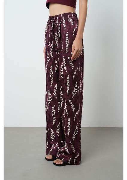 Kadın Bordo - Krem Renk Desenli Bol Paça Beli Lastikli Pantolon fiyatları