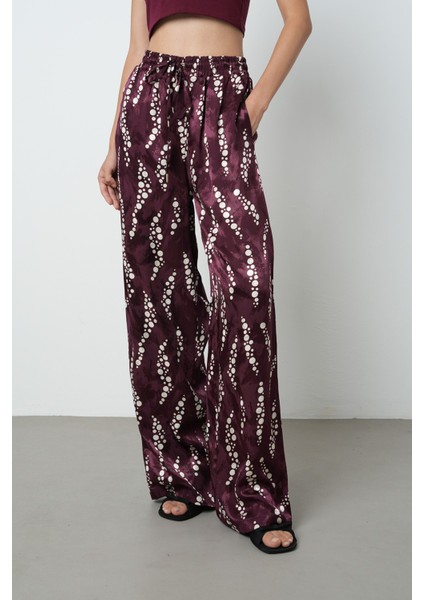 Kadın Bordo - Krem Renk Desenli Bol Paça Beli Lastikli Pantolon modelleri