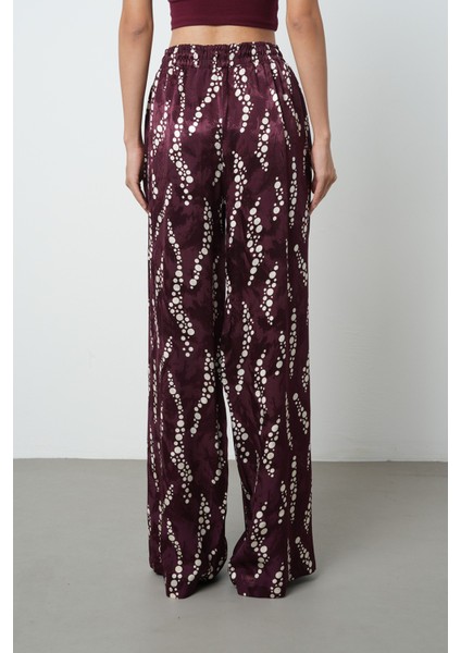 Kadın Bordo - Krem Renk Desenli Bol Paça Beli Lastikli Pantolon indirimleri
