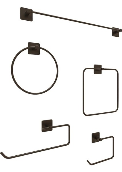 Banyo Yapışkanlı Aksesuar Seti Havluluk T.kağıtlık ve Peçetelik Kare Siyah 5 Li Set