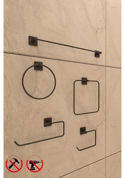Banyo Yapışkanlı Aksesuar Seti Havluluk T.kağıtlık ve Peçetelik Kare Siyah 5 Li Set modelleri