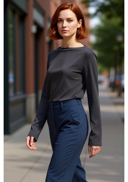 Kadın Gri Regular Kalıp Ispanyol Kol Esnek Örme Bluz Casual Günlük Kullanım Için Sandy Dokuma