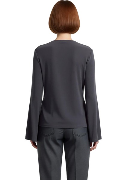 Kadın Gri Regular Kalıp Ispanyol Kol Esnek Örme Bluz Casual Günlük Kullanım Için Sandy Dokuma fırsatları