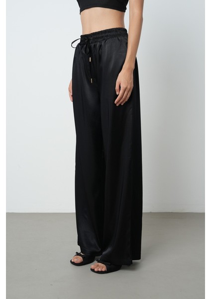 Kadın Siyah Renk Saten Bol Paça Beli Lastikli Pantolon fiyatları