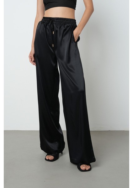 Kadın Siyah Renk Saten Bol Paça Beli Lastikli Pantolon modelleri