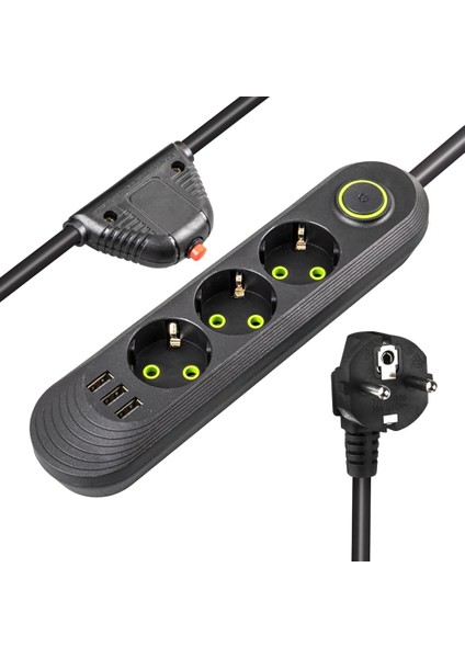Akım Korumalı Priz, 3lü Siyah Topraklı Anahtarlı, Üçlü Priz, 3 Priz ve 3 USB Çıkışı, 1.5 Metre Kablo Uzunluğu, Max 3000 Watt