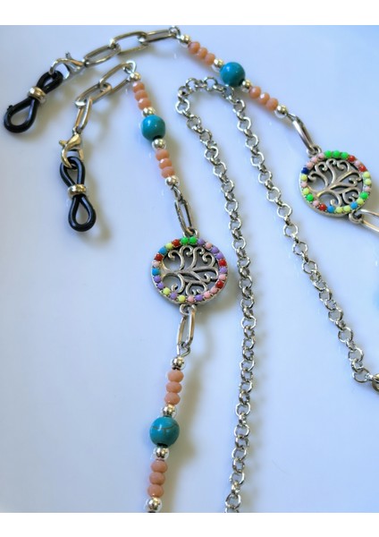 ® Gözlük Zinciri – Hayat Ağacı Sembollü, Turkuaz Doğal Taşlı, Renkli Boncuklu, Gümüş Renk fiyatları