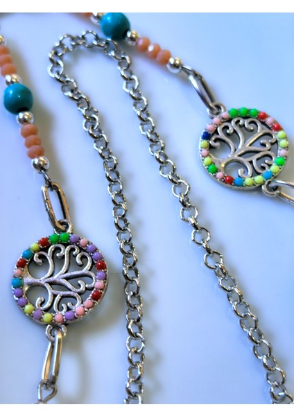 ® Gözlük Zinciri – Hayat Ağacı Sembollü, Turkuaz Doğal Taşlı, Renkli Boncuklu, Gümüş Renk modelleri
