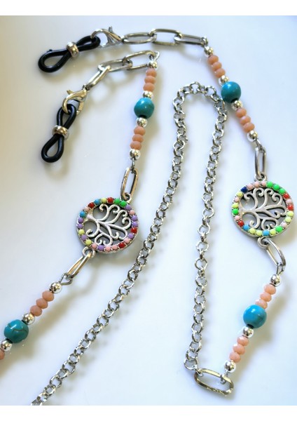 ® Gözlük Zinciri – Hayat Ağacı Sembollü, Turkuaz Doğal Taşlı, Renkli Boncuklu, Gümüş Renk fırsatları