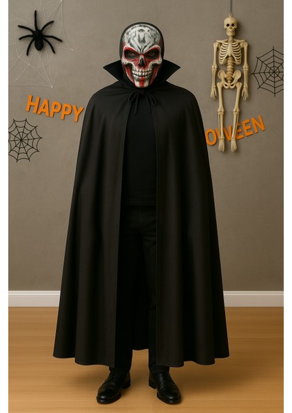 Korkunç Kafatası Maske ve 120 cm Yakalı Siyah Pelerin Seti – Yetişkin Halloween Kostümü