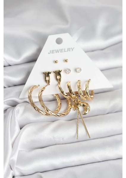 Gold Renk Pirinç 6'lı Kadın Küpe Seti