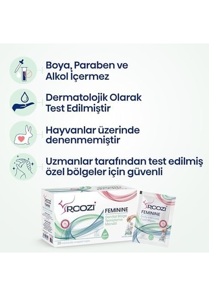 Roozi Kadın Intim Mendilleri – Vajinal Sağlığı Destekler – Ph Dengeli, Aloe Içerikli, Hareket Halinde Hijyen, Koku Giderir – Genital Temizlik Mendilleri – 20LI Ayrı Paketlenmiş Mendil modelleri