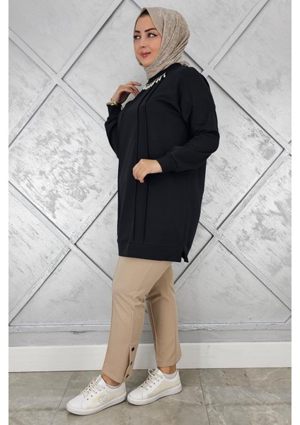 Kadın Nervür Dikim Inci Kolye Detaylı Tesettür Tunik