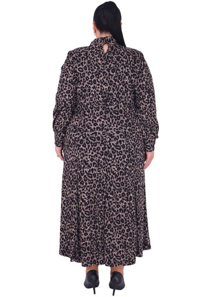 Büyük Beden Leopar Desenli Taş ve Tül Detaylı Kollu Oversize Uzun Viskon Elbise modelleri