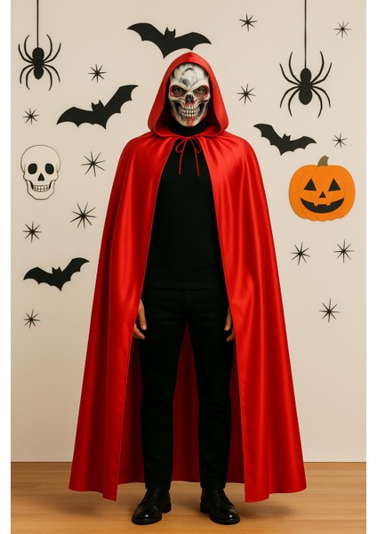 Kanlı Iskelet Maske ve Kapüşonlu Kırmızı Pelerin Kostüm Seti – Yetişkin Halloween Kıyafeti - 120 cm