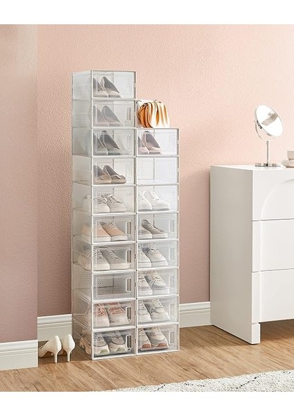 Ayakkabı Kutuları, 18 Şeffaf Ayakkabı Kutusu Seti, Katlanabilir ve Istiflenebilir, 44 Bedene Kadar, Şeffaf Beyaz LSP18SWT modelleri