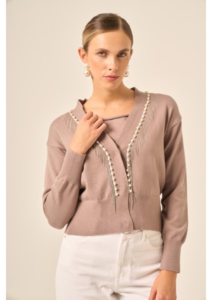 Kadın Şerit Detay Hırka Sütlü Kahve 25004