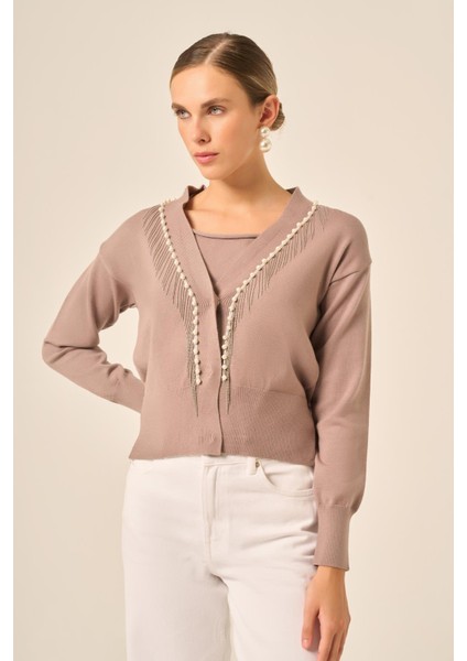 Kadın Şerit Detay Hırka Sütlü Kahve 25004 fiyatları