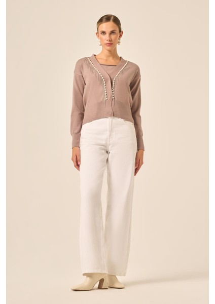 Kadın Şerit Detay Hırka Sütlü Kahve 25004 modelleri