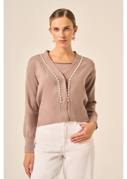 Kadın Şerit Detay Hırka Sütlü Kahve 25004 indirimleri