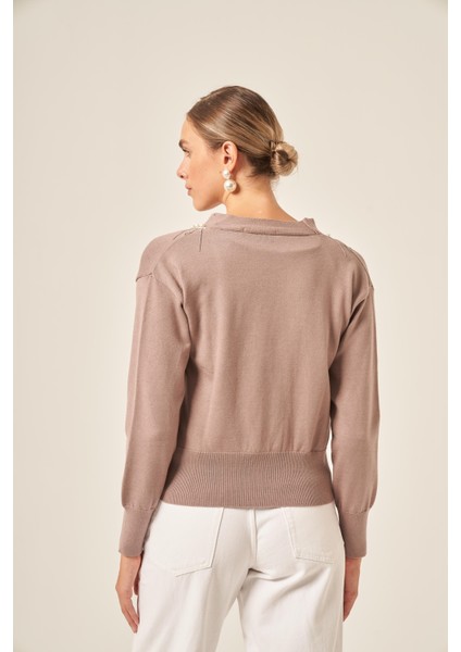 Kadın Şerit Detay Hırka Sütlü Kahve 25004