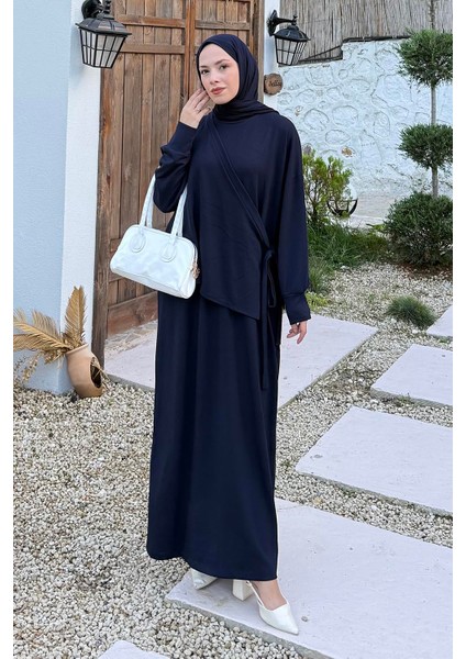 Büzgülü Tesettür Elbise Lacivert