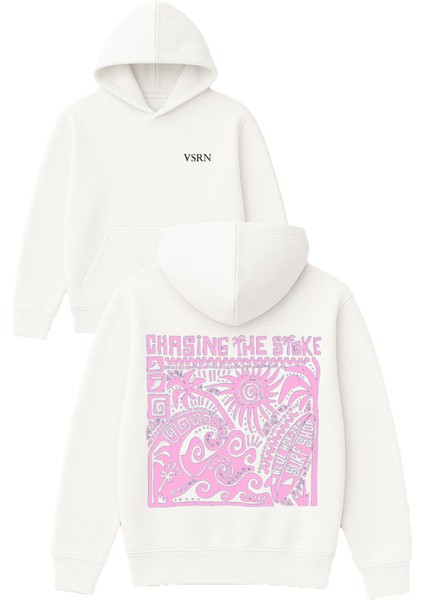 Chasing The Stoke Tasarım Baskılı Oversize Beyaz Kapüşonlu Sweatshirt