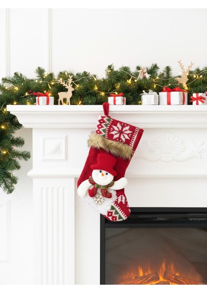 Yılbaşı Çorabı Kardan Adam Figürlü Desenli Şömine Dekoru Hediyelik Çorap 22 cm