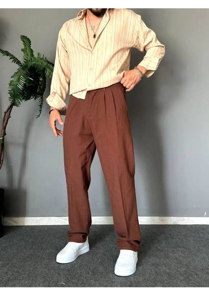 Old Money Pileli Baggy Kalıp Beli Lastikli Yazlık Keten Pantolon