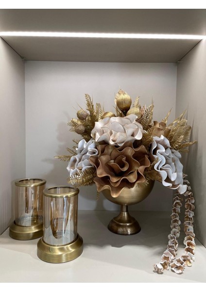 Yapay Çiçekli Antik Yuvarlak Vazo 3 Parça Set No:3