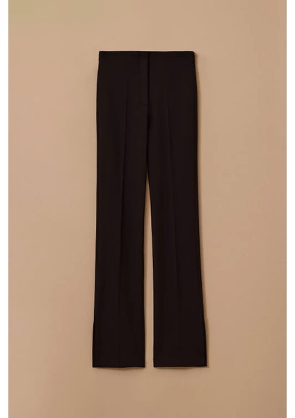 Kadın Yüksek Bel Paça Yırtmaçlı Tam Boy Pantolon - Siyah