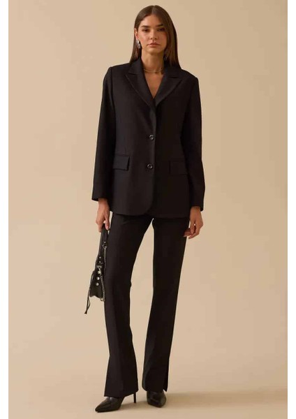 Kadın Yüksek Bel Paça Yırtmaçlı Tam Boy Pantolon - Siyah fiyatları