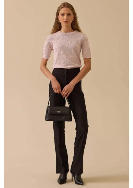 Kadın Yüksek Bel Paça Yırtmaçlı Tam Boy Pantolon - Siyah modelleri