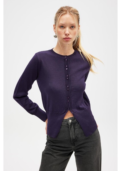 Ripley Çelik Örgü, Düğmeli Kadın Triko Hırka - Koyu Mor