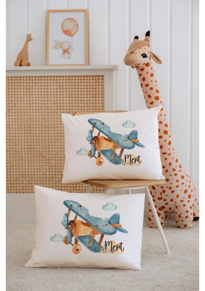%100 Pamuk Isme Özel 2li Ekru Bebek Yastık Kılıfı 35X45 Cm-Uçak