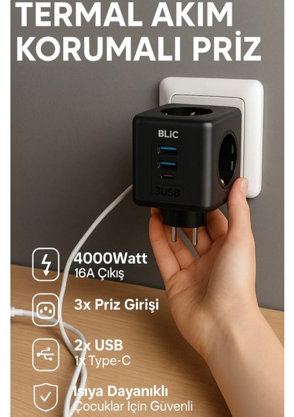 Termal Akım Korumalı Priz 4000WATT-16A Çıkış 3xpriz-2xusb-1xtype-C Isıya Dayanıklı Çocuk Kilidi Priz