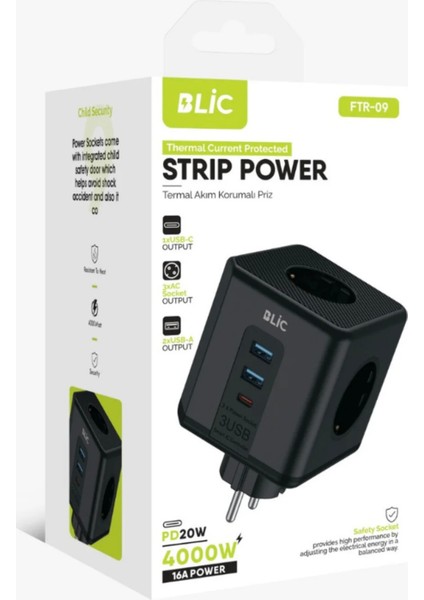 Termal Akım Korumalı Priz 4000WATT-16A Çıkış 3xpriz-2xusb-1xtype-C Isıya Dayanıklı Çocuk Kilidi Priz fiyatları